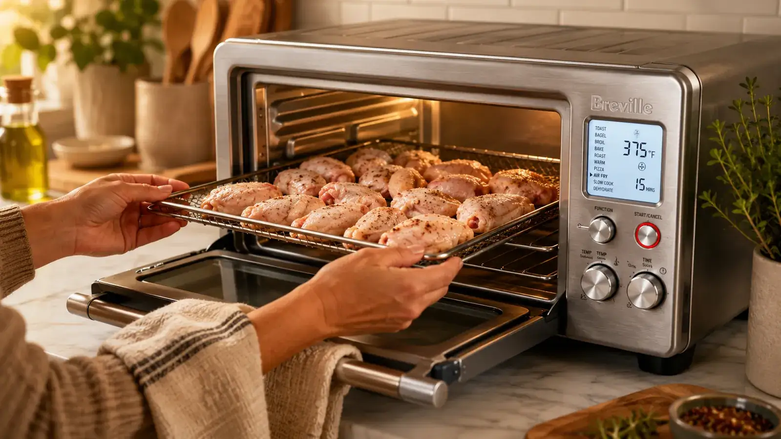 Hand placing a wire rack with chicken wings into the Breville Smart Oven Air Fryer Pro