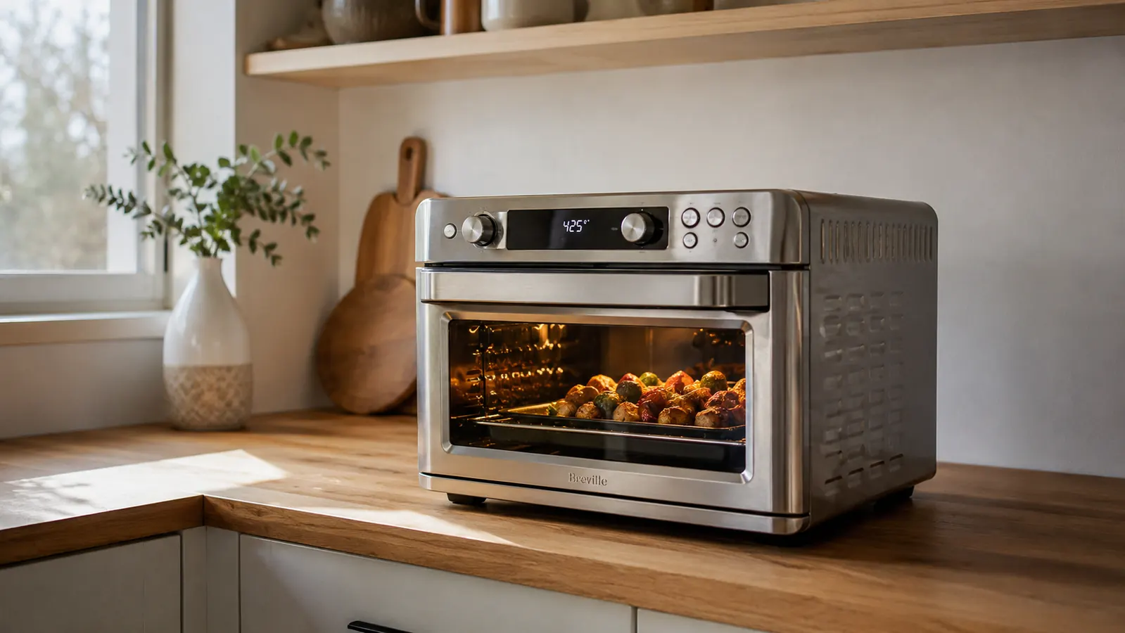 Breville Smart Oven Air Fryer Pro sitting on a kitchen counter with roasted vegetables visible through the glass door