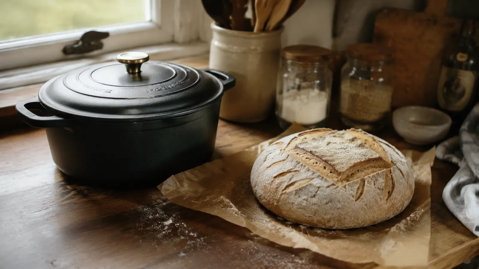 Lodge cast iron Dutch oven sitting on a wooden countertop next to a scored sourdough boule ready to bake