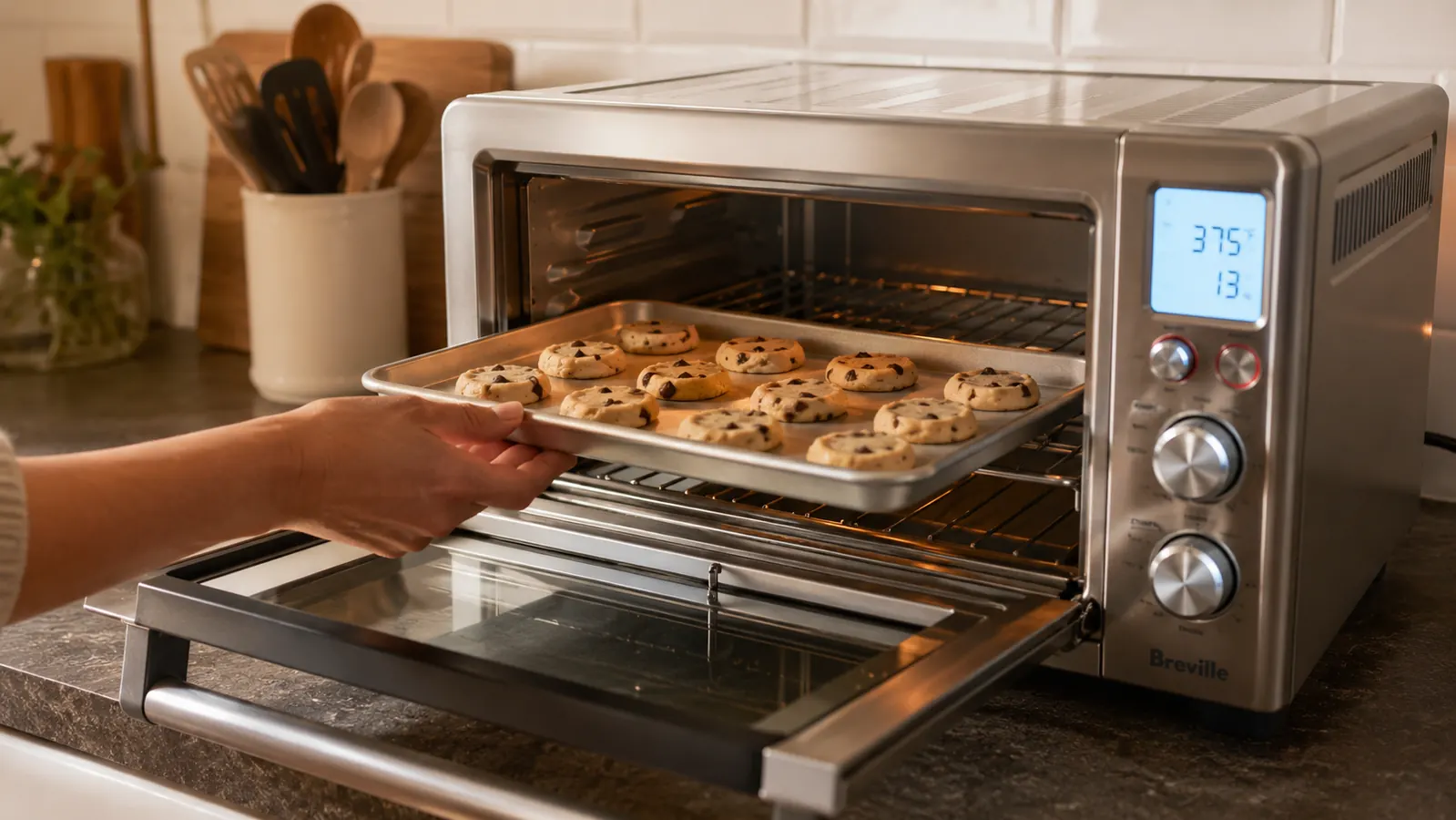 Hand placing a small baking sheet with cookie dough rounds into the Breville Smart Oven Pro