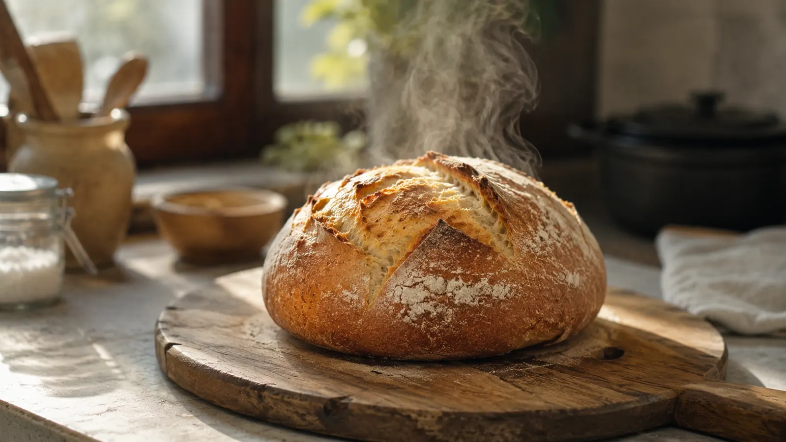 Evenly browned loaf of bread fresh from a countertop convection oven on a wooden cutting board