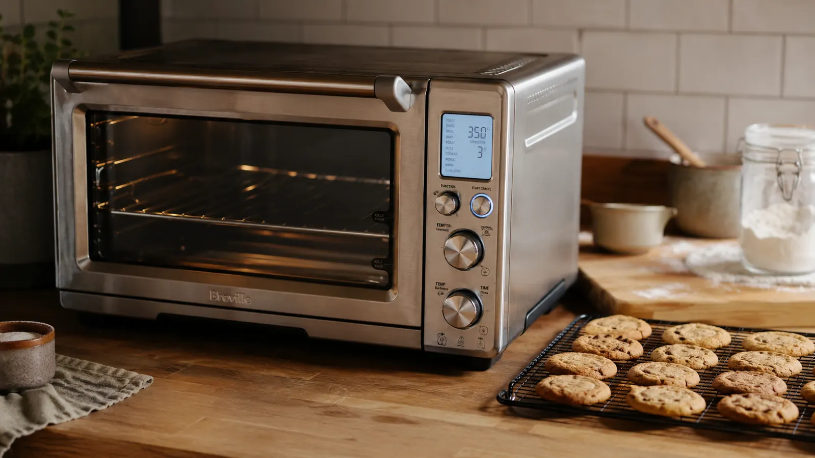 Breville Smart Oven Pro sitting on a kitchen counter with a tray of golden-brown cookies cooling beside it