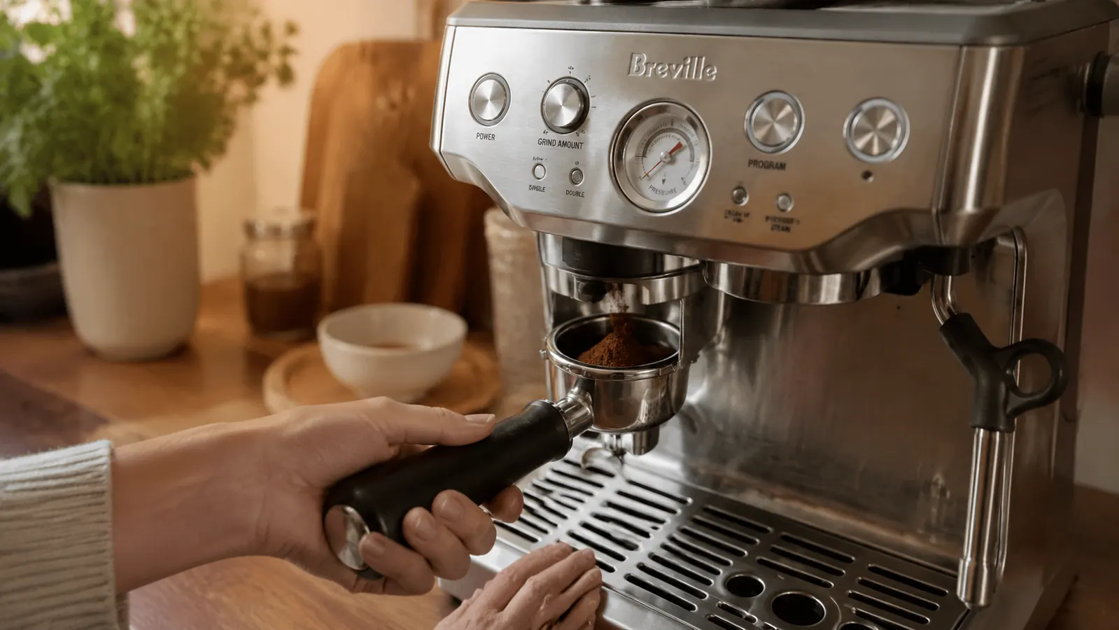 Close-up of a hand dosing freshly ground coffee from the Breville Barista Express grinder into a portafilter