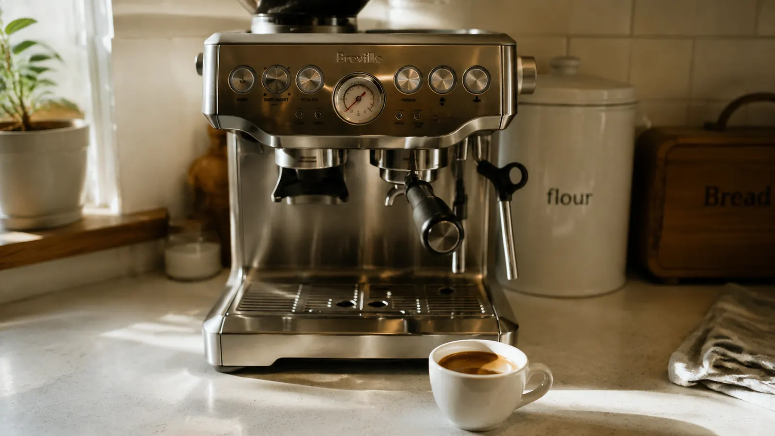 Breville Barista Express on a kitchen counter with a freshly pulled double espresso in a ceramic cup, morning light coming through a window