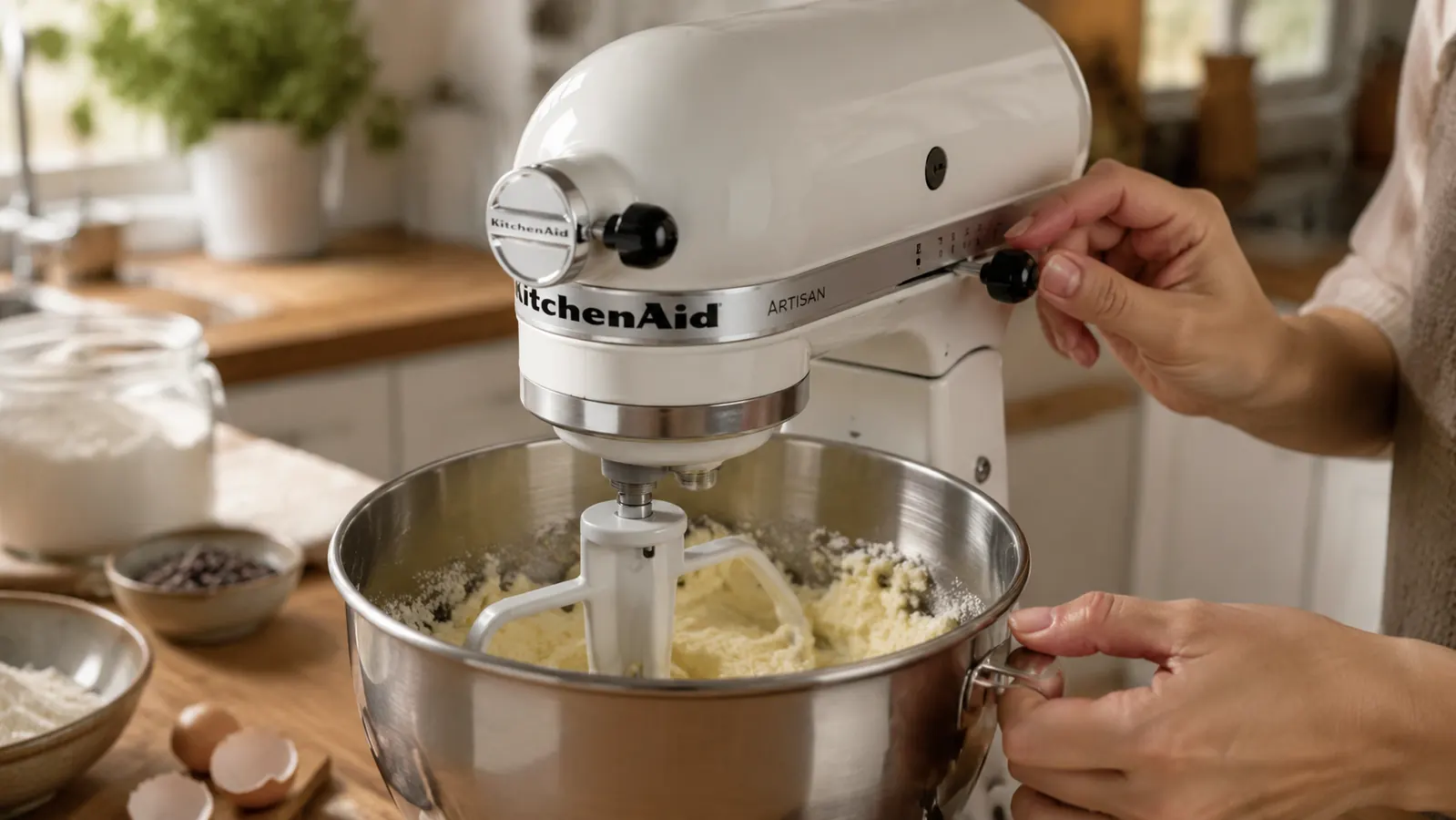 Stiff sugar cookie dough being mixed in a KitchenAid stand mixer with a flat beater attachment