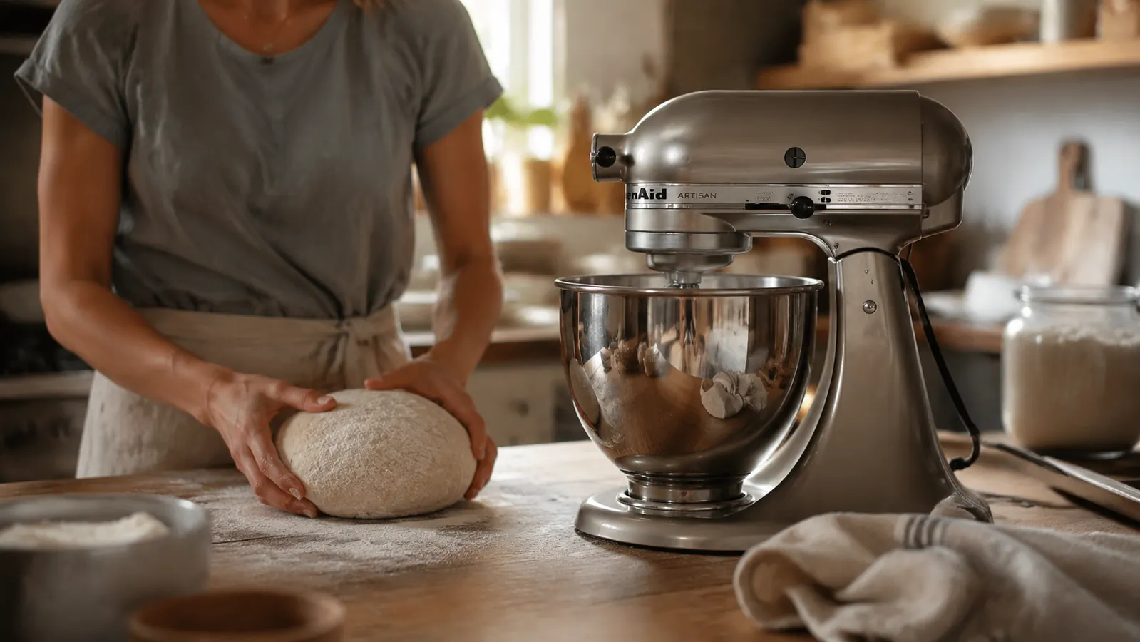 KitchenAid Artisan stand mixer on a kitchen counter next to a bowl of risen bread dough and scattered flour