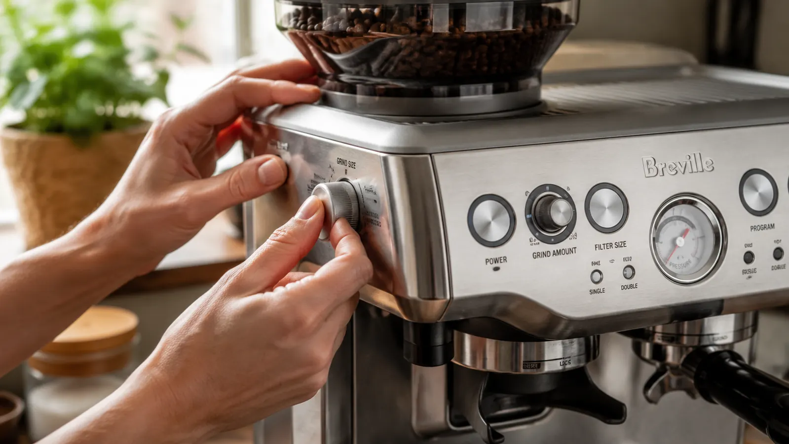 Close-up of the Breville Barista Express grinder hopper and grind size dial being adjusted by hand