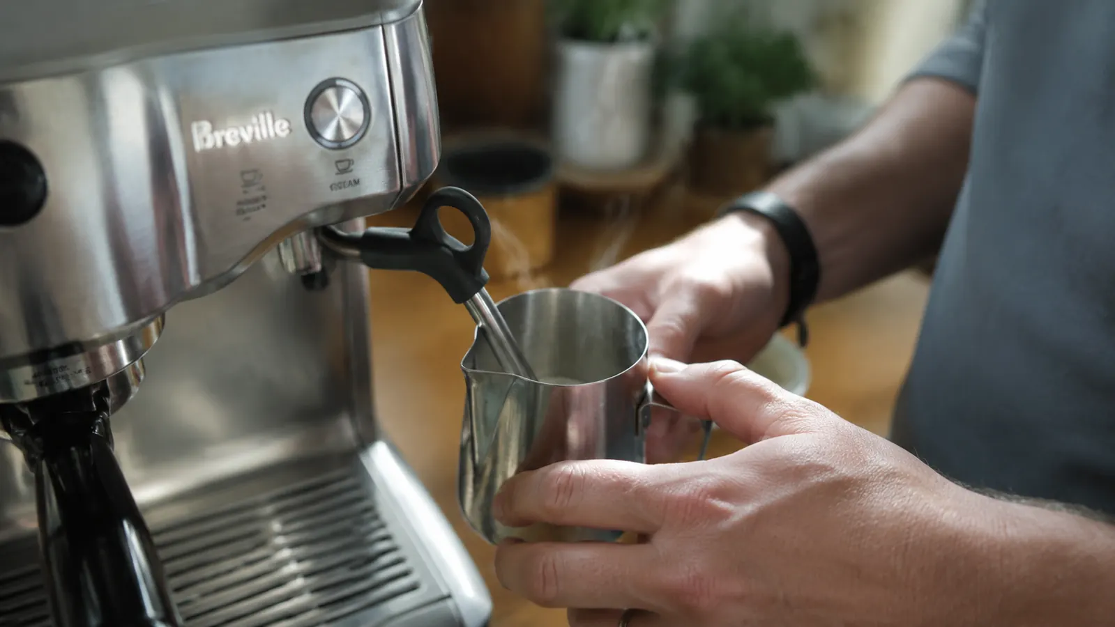 Steam wand on the Breville Barista Express with a stainless steel milk pitcher positioned underneath, light steam visible