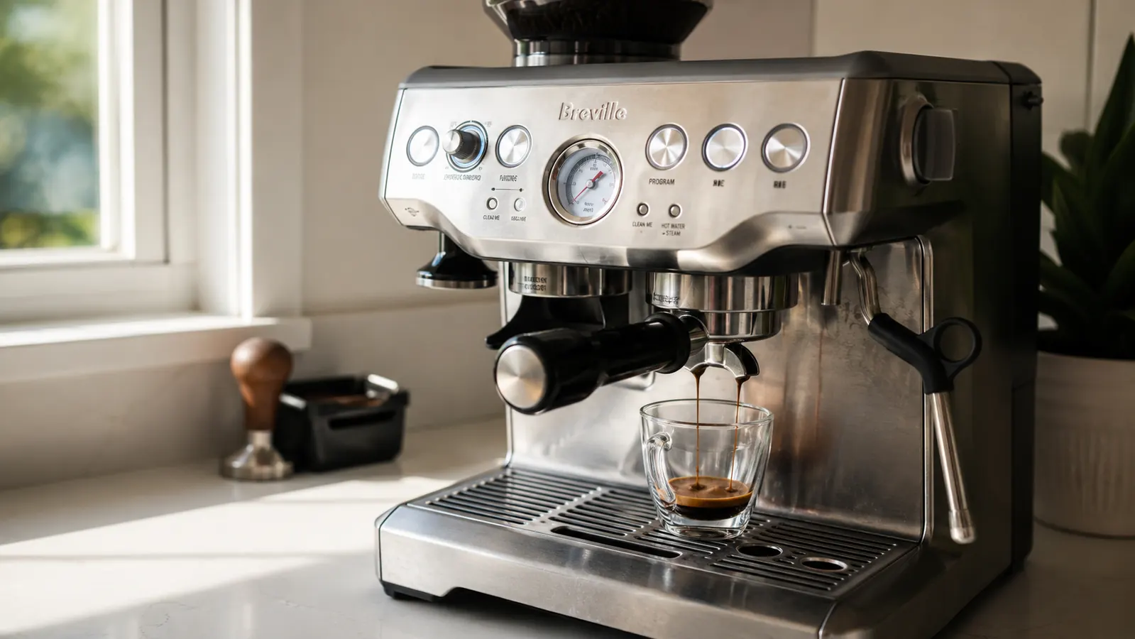 Breville Barista Express BES870XL on a kitchen counter with a pulled shot of espresso in a white demitasse cup