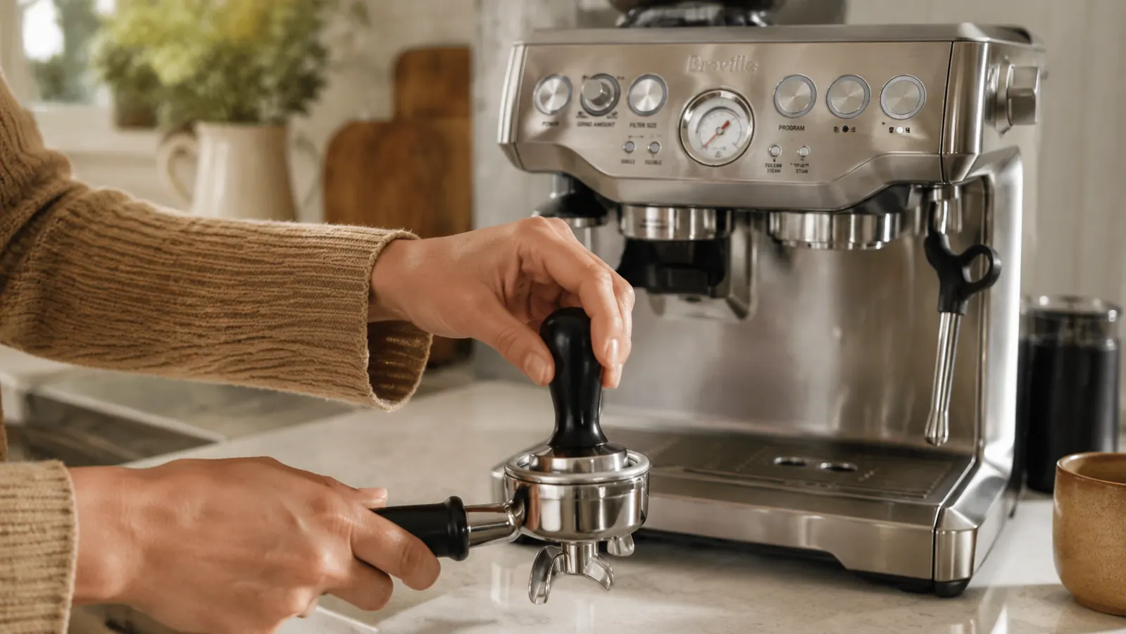 Hand tamping a portafilter over a kitchen counter next to a brushed stainless espresso machine