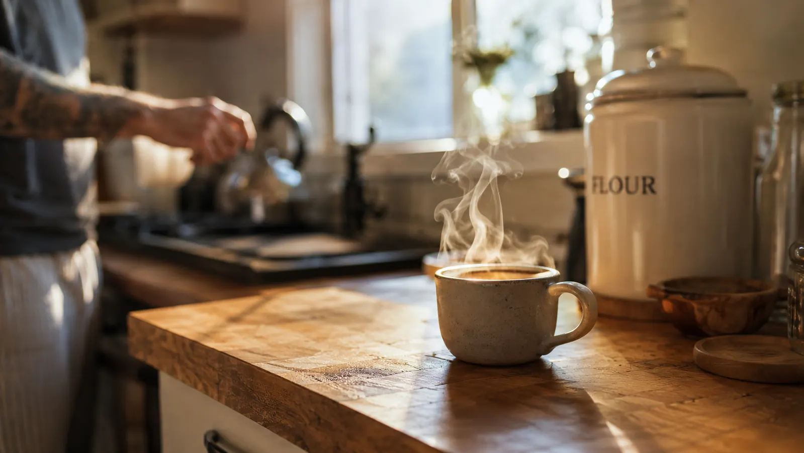 Warm morning kitchen scene with steam rising from a fresh espresso shot in a ceramic cup on a wooden counter