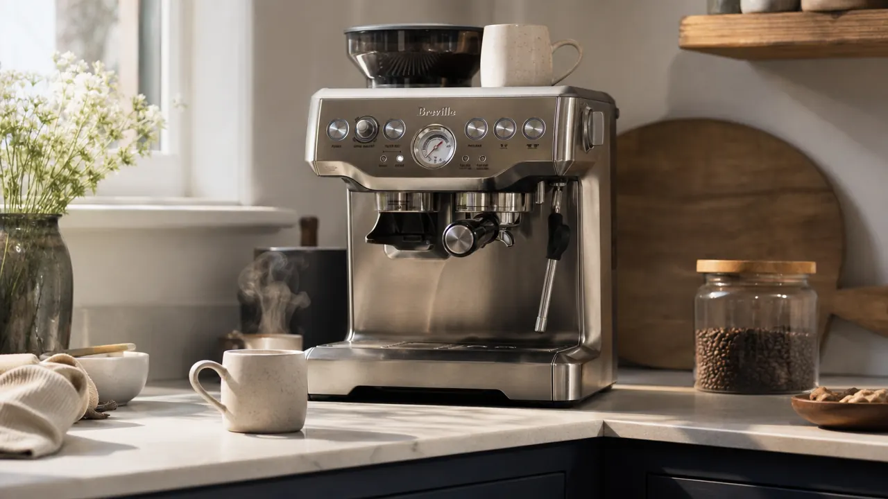 Breville Barista Express espresso machine on a kitchen counter with a freshly pulled double shot in a small ceramic cup