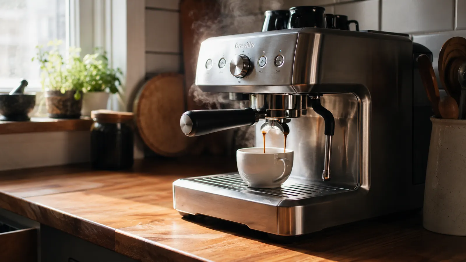Breville Barista Express espresso machine on a kitchen counter with a shot pulling into a white demitasse cup