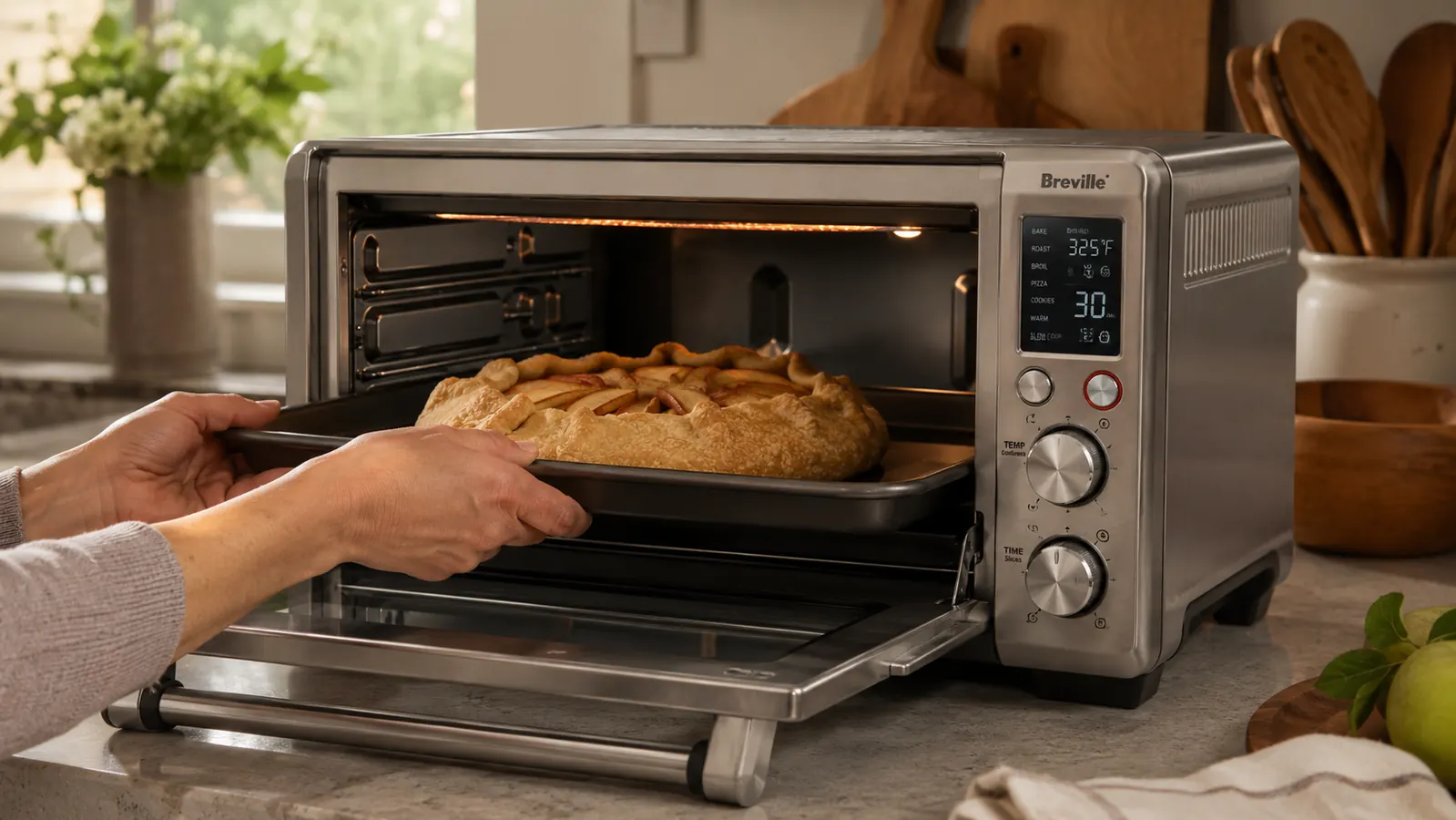 Hand pulling out a full baking sheet from the Breville BOV845, showing how close the sheet sits to the heating elements