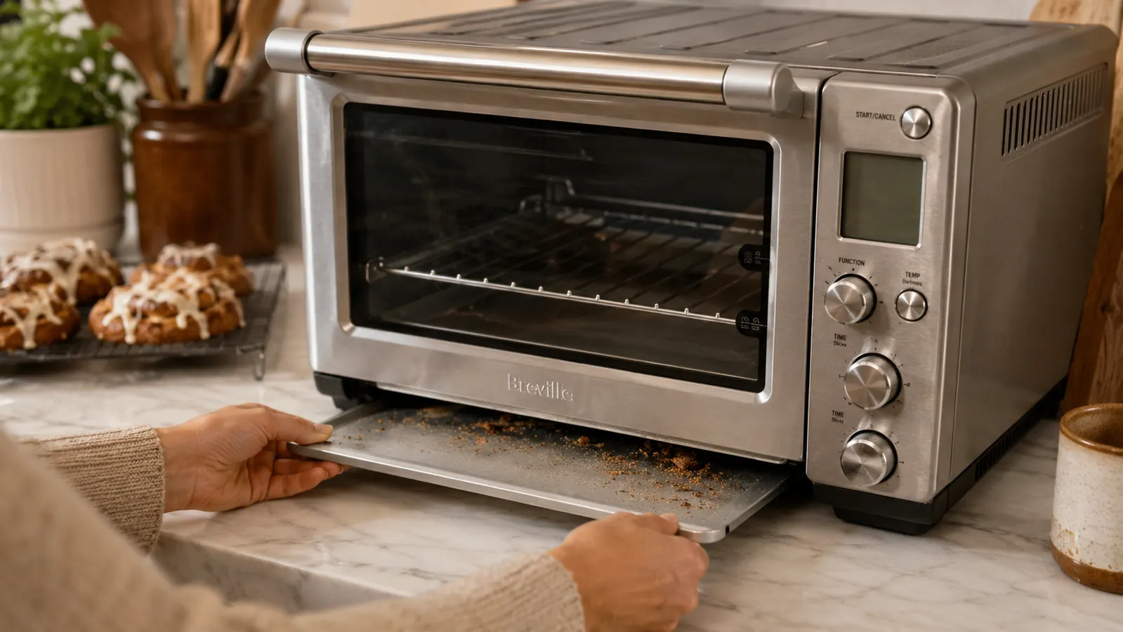 Crumb tray from the Breville BOV845 being pulled out from under the oven, covered in baking debris