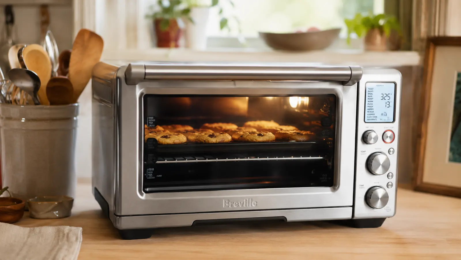 Breville Smart Oven Pro BOV845 on a kitchen counter with a pan of golden-brown cookies visible through the glass door