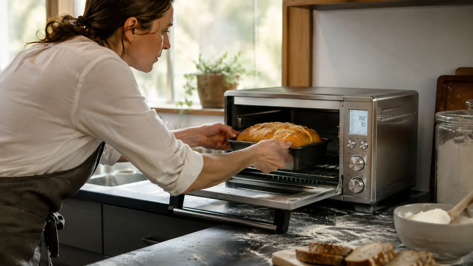 Baker placing a loaf pan into the Breville Smart Oven Pro with potholders, loaf already golden on top