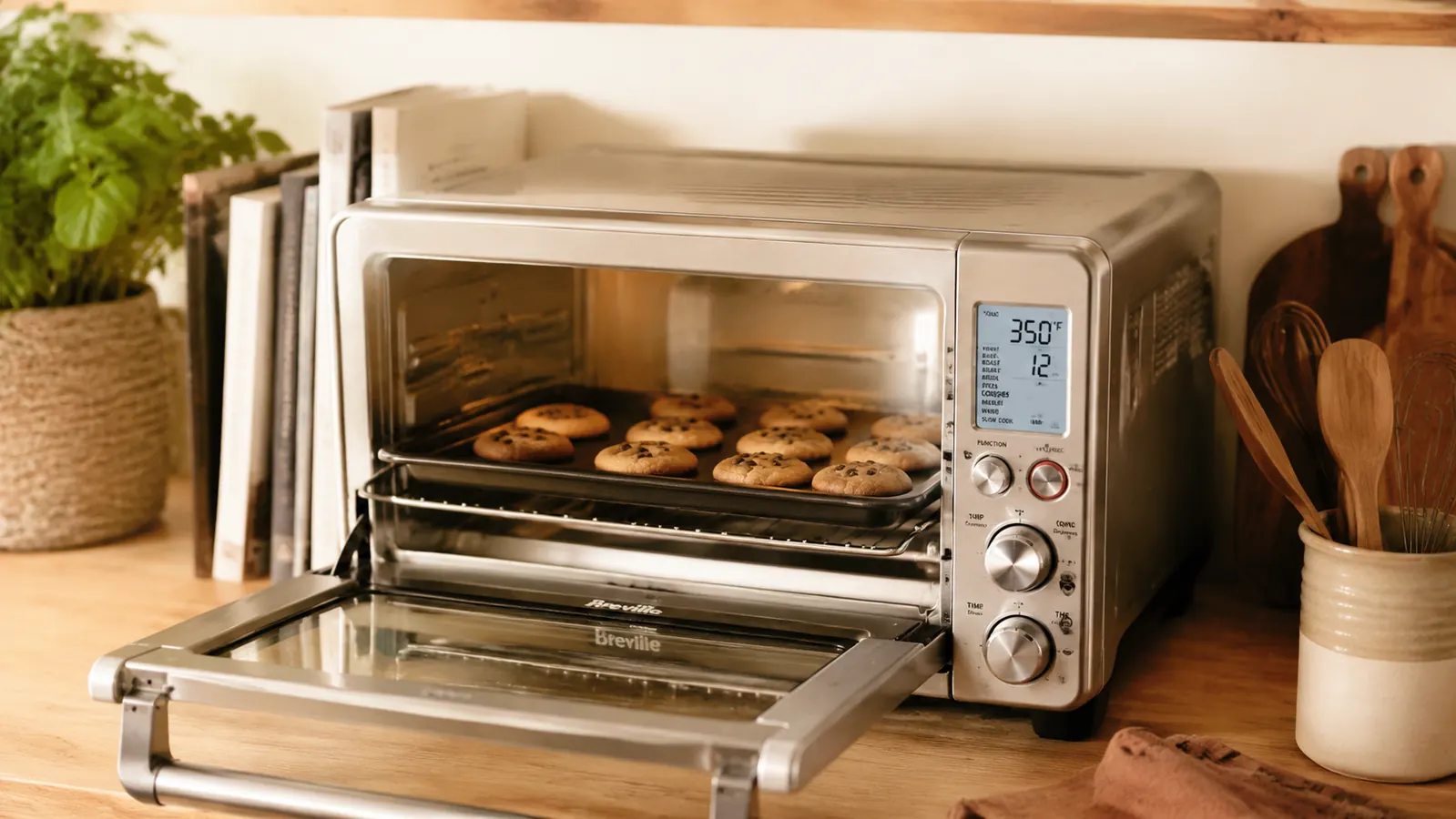 Breville Smart Oven Pro BOV845 on a kitchen counter with a tray of golden-brown cookies just pulled from the oven