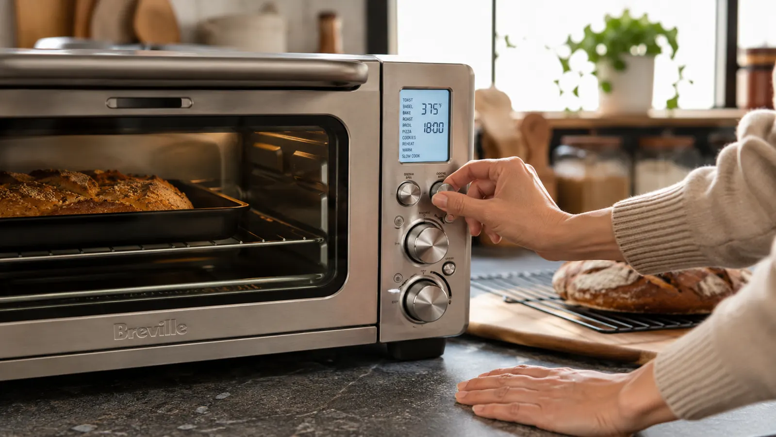Close-up of the Breville BOV900 control panel showing the convection settings and temperature dial being adjusted by hand