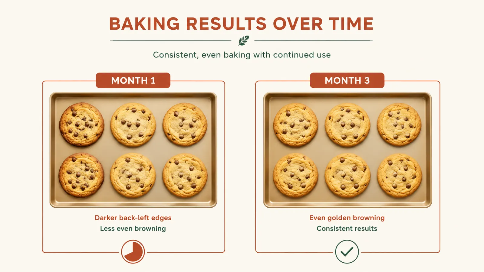 Two-panel comparison showing a baking sheet with unevenly browned cookies on one side labeled Month 1 and evenly browned cookies on the other side labeled Month 3