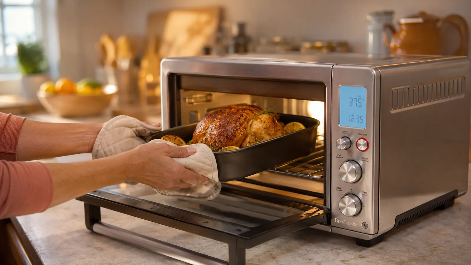 Person pulling a small roasting pan from the Breville smart oven using oven mitts, kitchen in background
