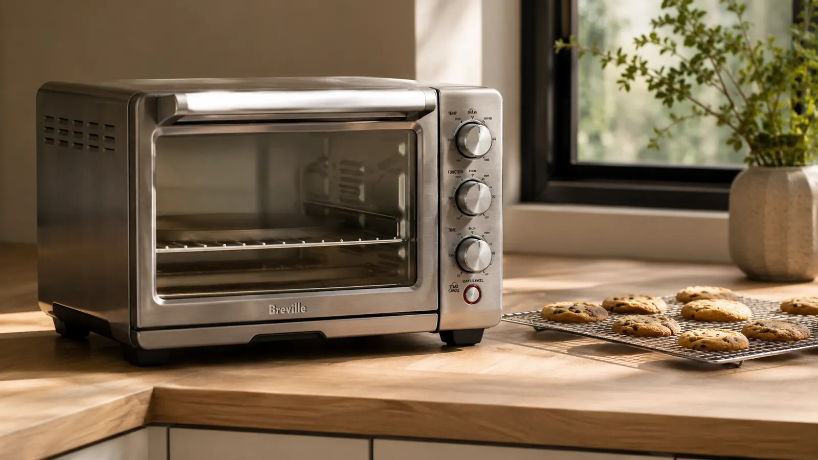 Breville BOV900BSS Smart Oven Air Fryer Pro sitting on a kitchen counter with warm morning light, a cooling rack and small batch of cookies nearby