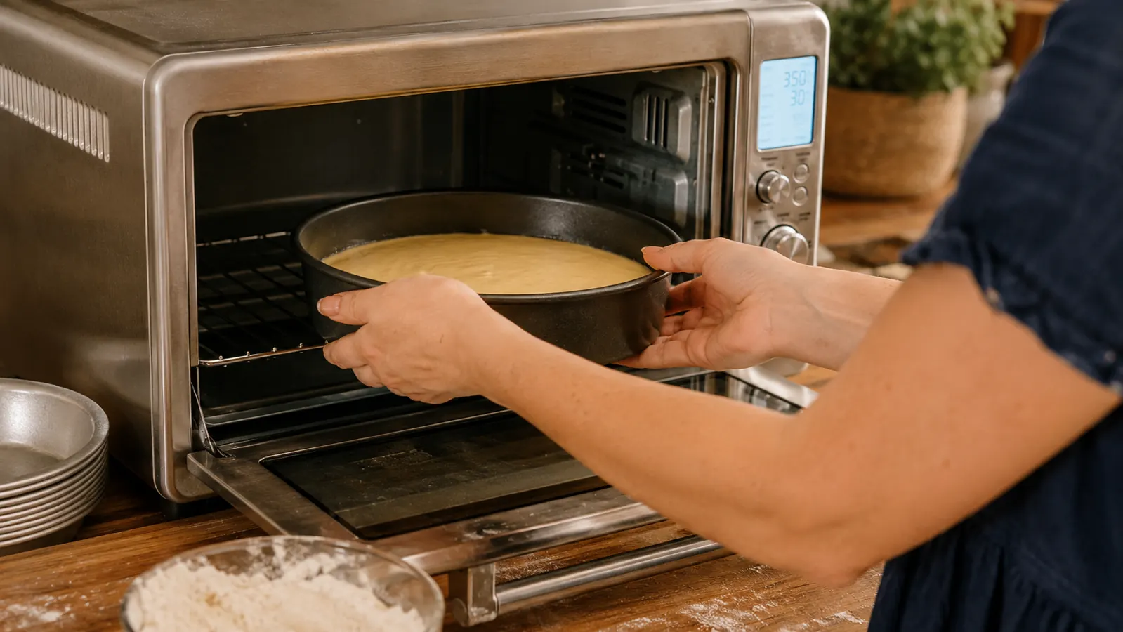 Home baker placing a round cake pan into the Breville Smart Oven Air Fryer Pro