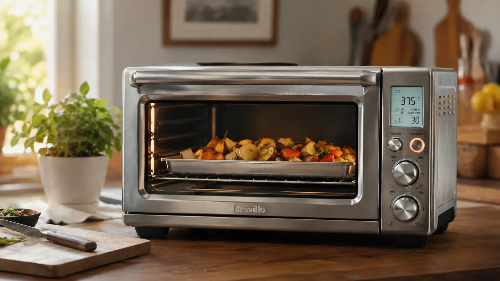 Breville BOV900BSS Smart Oven Air Fryer Pro on a kitchen counter beside a tray of roasted vegetables