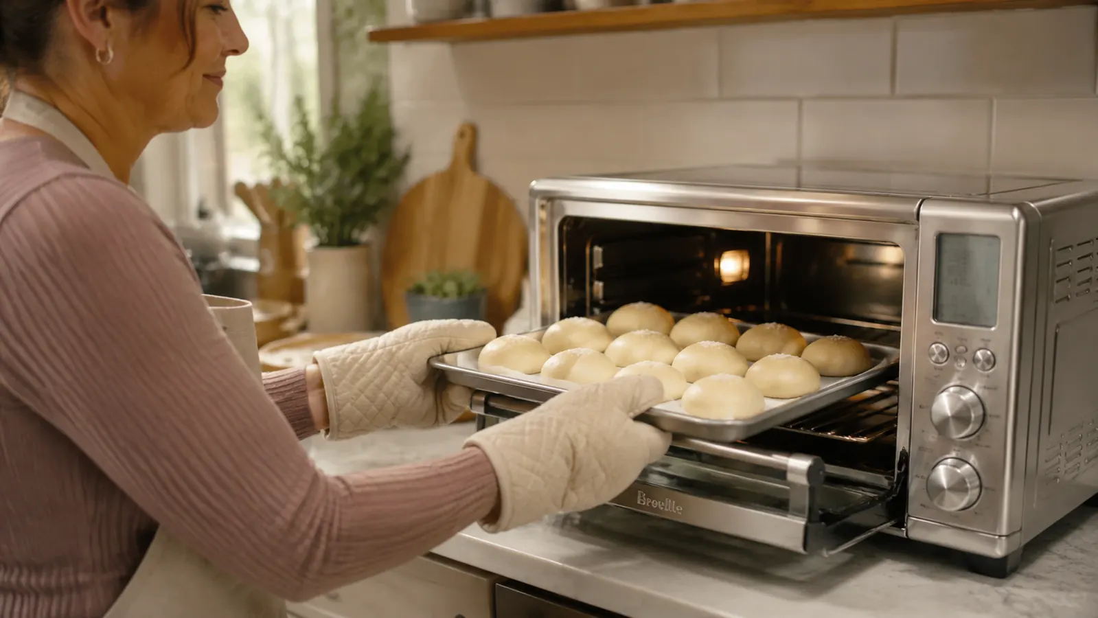 Hand placing a baking sheet with dinner rolls into the Breville Smart Oven Air Fryer Pro