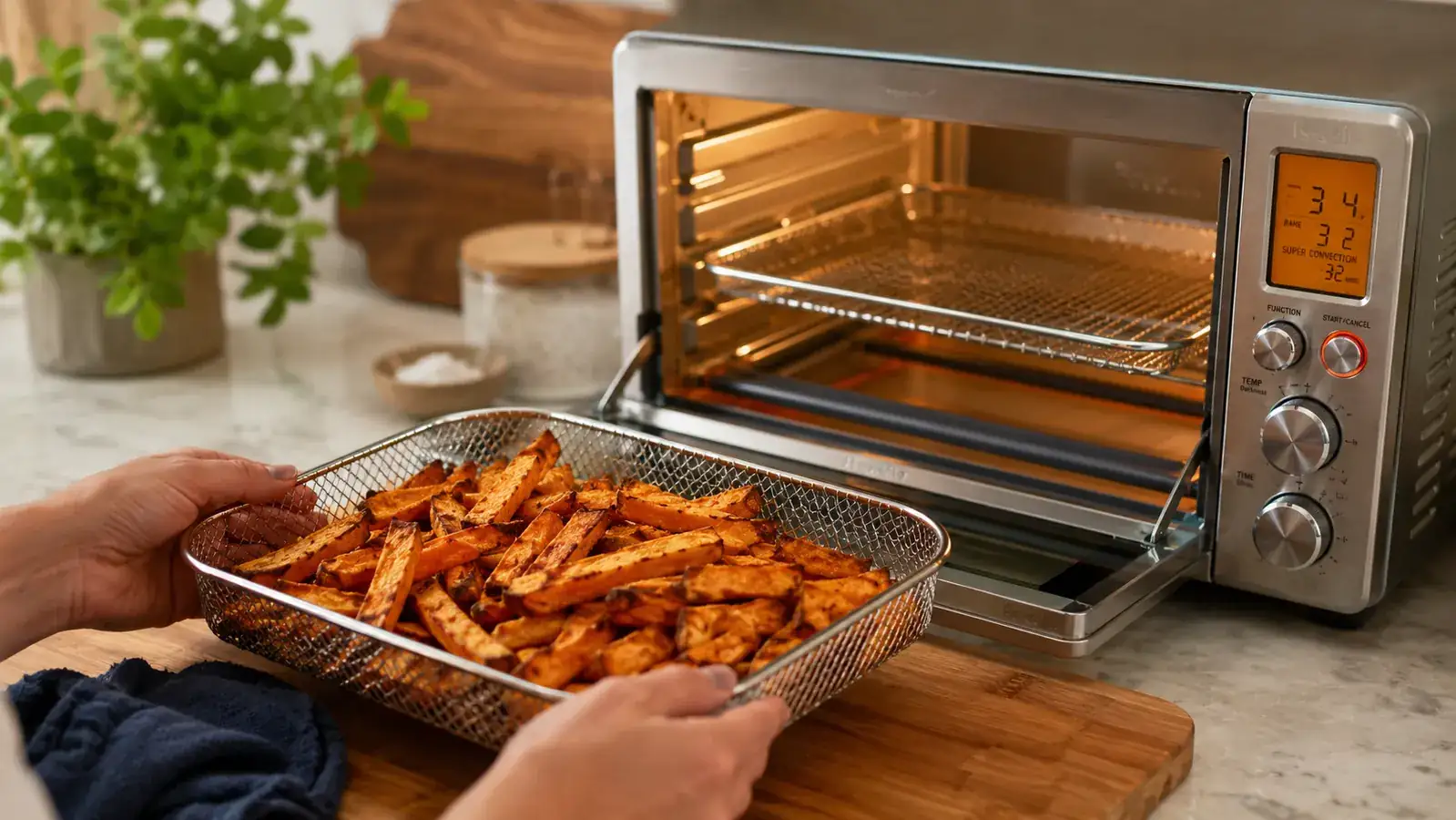 Crispy golden air-fried sweet potato fries in the Breville air fry basket