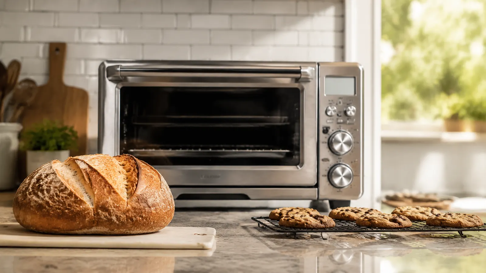 Breville BOV900BSS Smart Oven Air Fryer Pro on a kitchen counter with baked goods cooling on a rack beside it