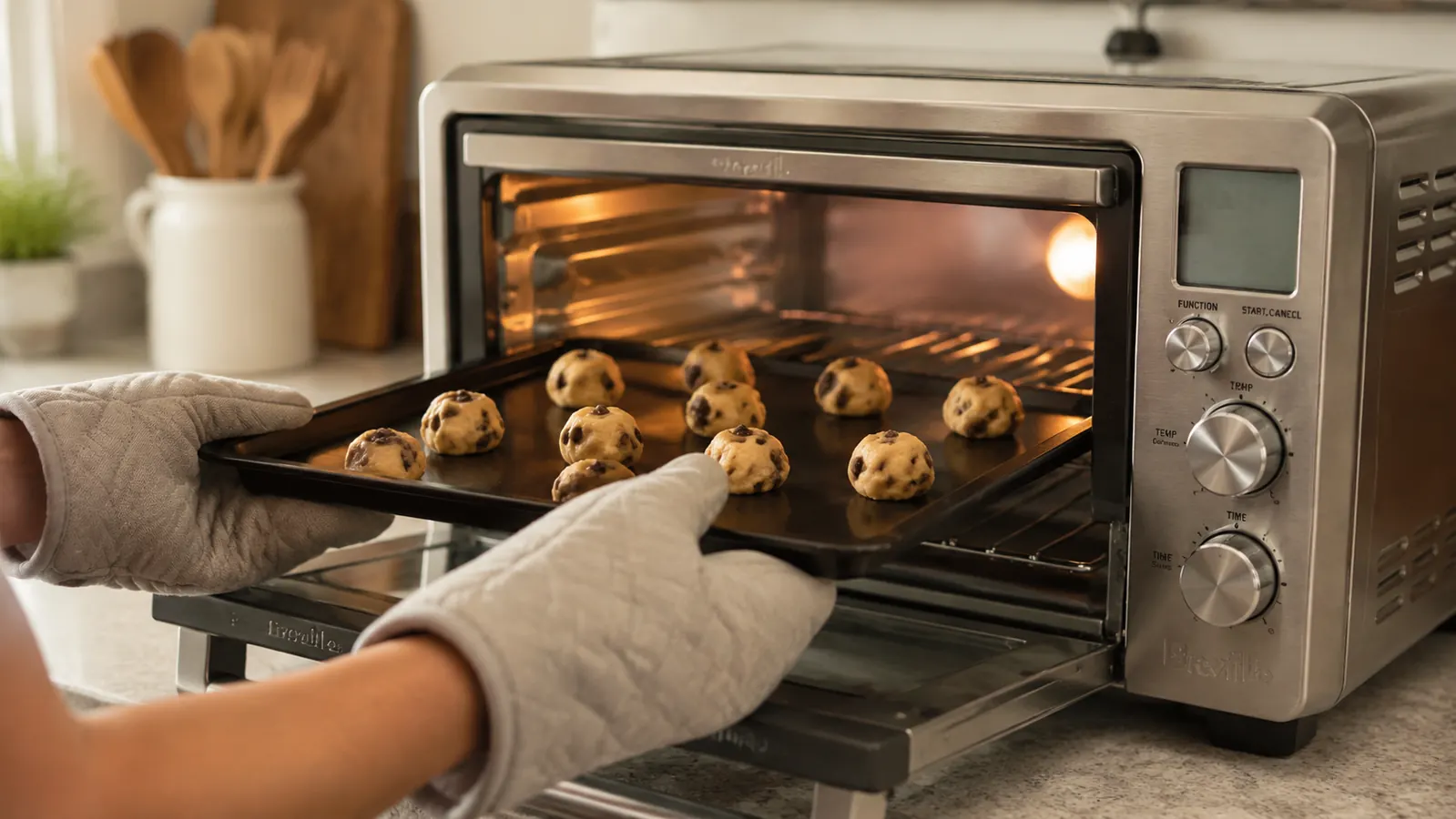 Hand sliding a sheet pan of unbaked chocolate chip cookie dough into the Breville Smart Oven Pro