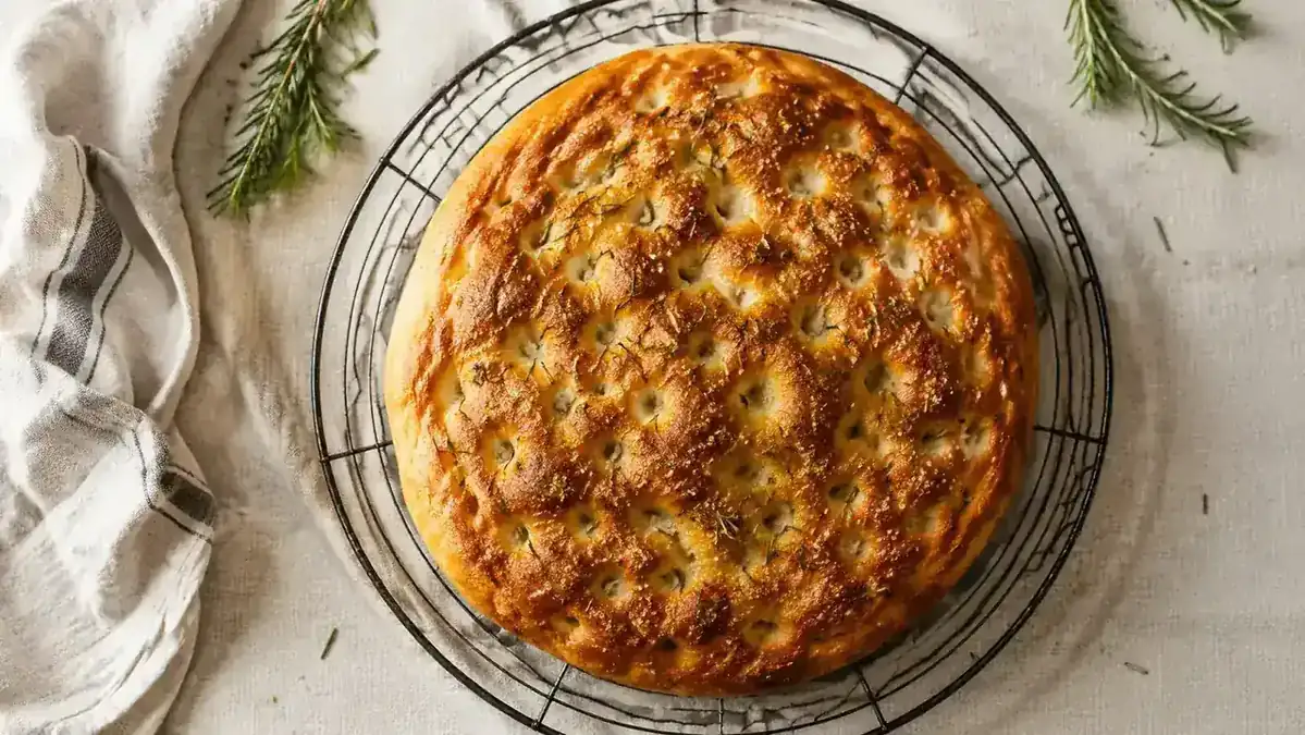 Freshly baked focaccia with rosemary on a wire cooling rack next to the Breville Smart Oven Pro