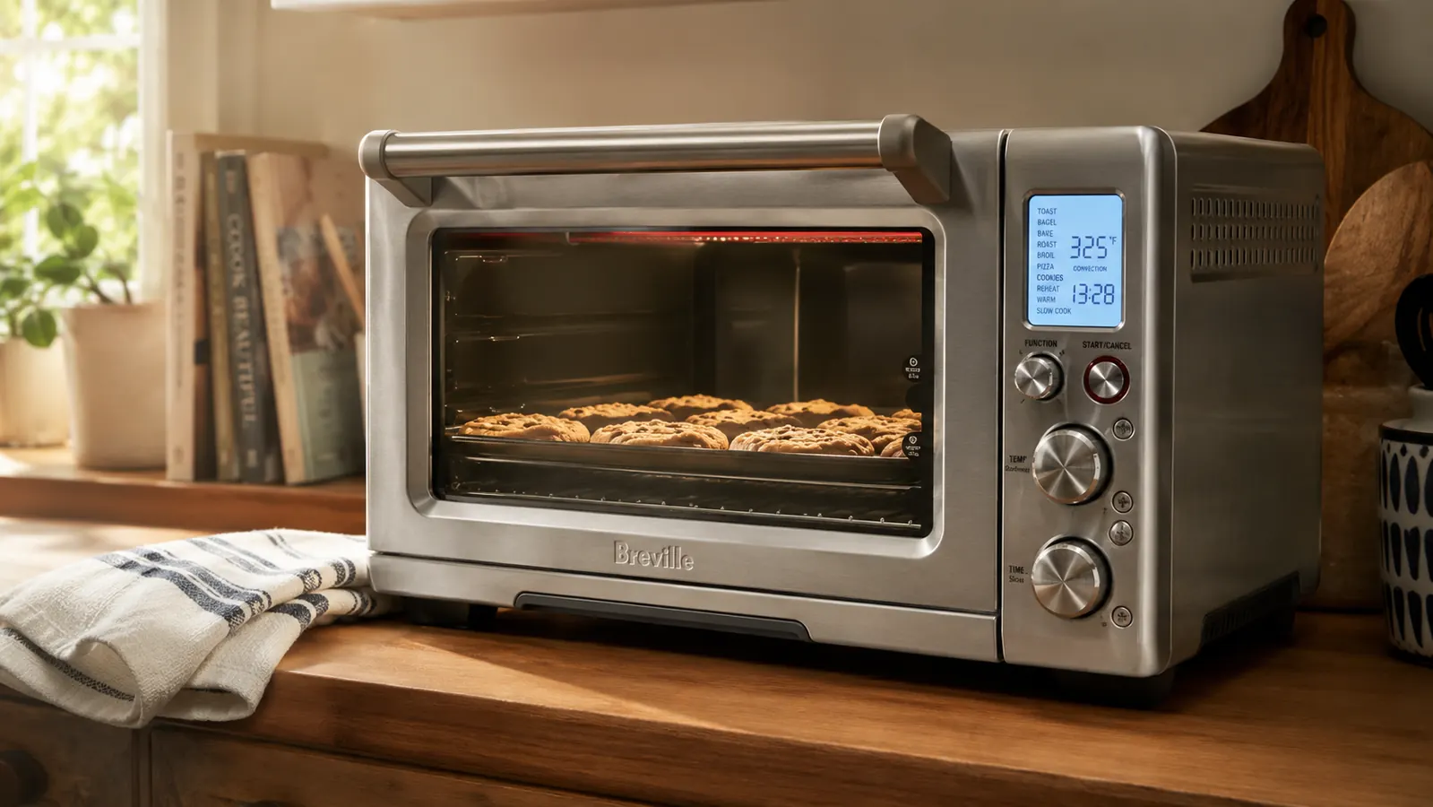 Breville Smart Oven Pro BOV845 on a kitchen counter with a tray of golden-brown cookies visible through the glass door