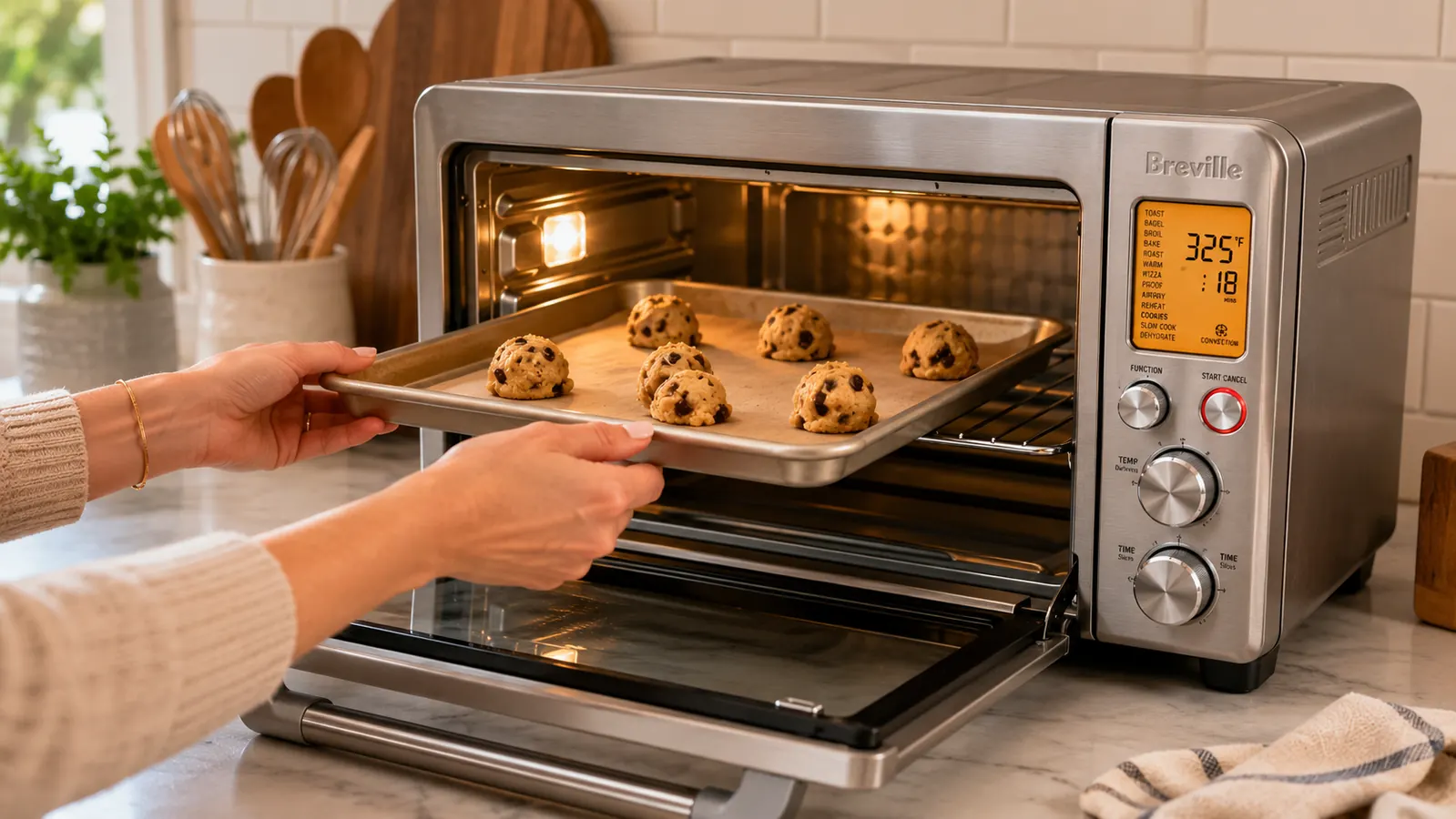 Hand placing a small baking sheet with cookie dough into the Breville Smart Oven Pro countertop oven