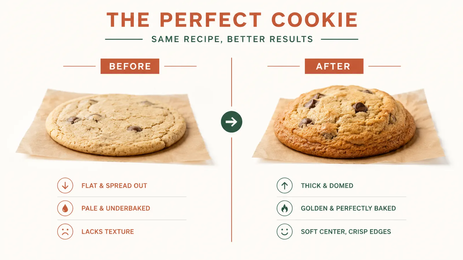 Split comparison showing a pale flat cookie on one side and a perfectly browned domed cookie on the other