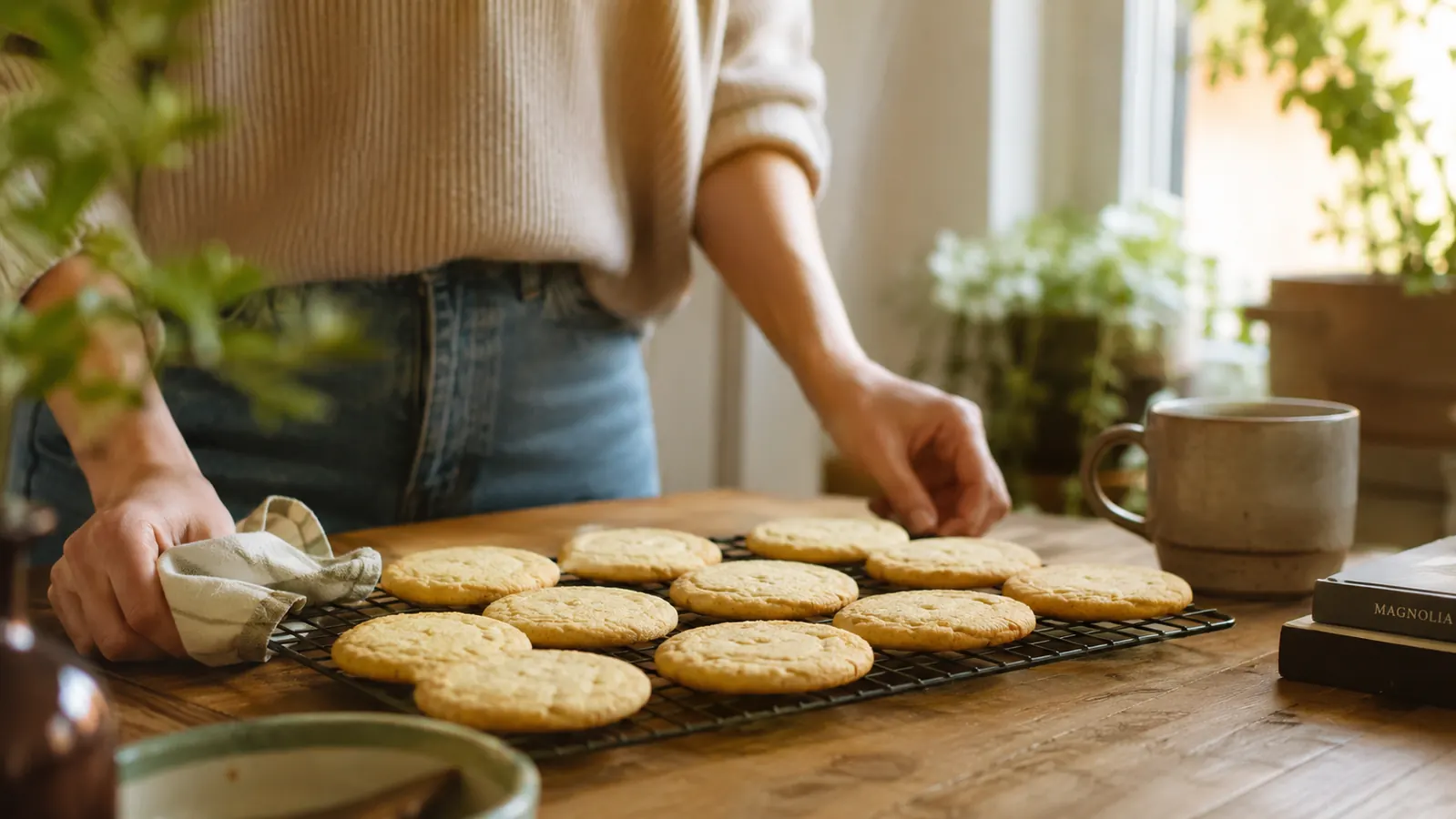 A cozy apartment kitchen counter with a batch of golden-brown cookies cooling on a wire rack, warm morning light through a small window