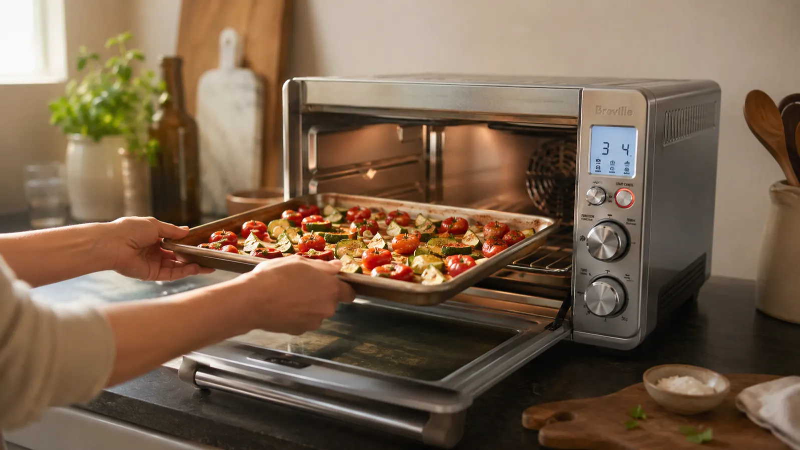 Hands placing a tray of roasted vegetables into a large countertop oven with multiple rack positions visible