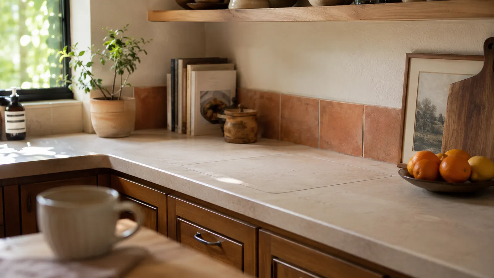 A clean kitchen counter with morning light, two empty spots where appliances used to sit, coffee mug in foreground