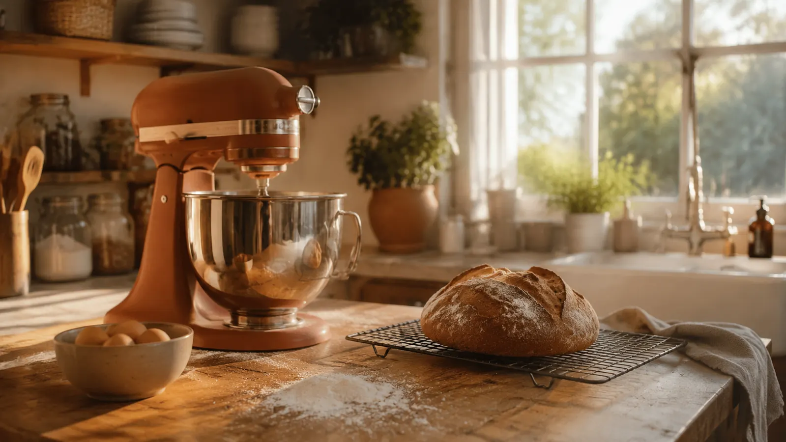 A bright home kitchen counter with fresh produce, a cutting board, and well-used kitchen gadgets in warm natural light