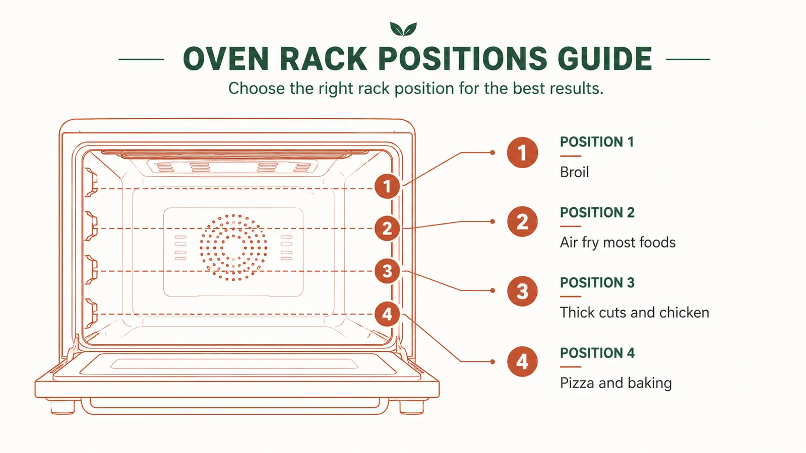 Diagram showing the four rack positions inside the Breville BOV900 with labels for which foods go where