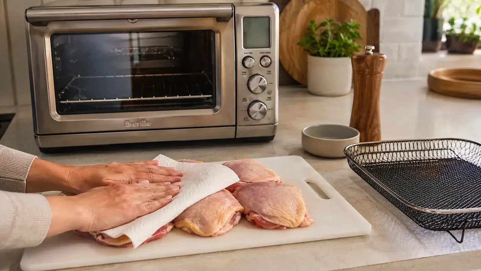 Person patting chicken thighs dry with a paper towel before placing them in the air fry basket