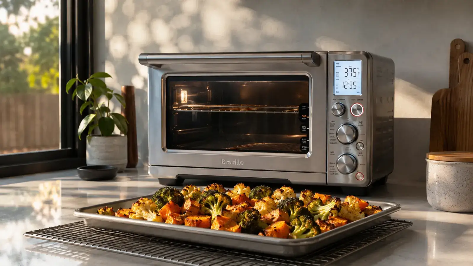 Breville BOV900 Smart Oven Air Fryer Pro on a kitchen counter with a tray of golden air-fried vegetables in front of it