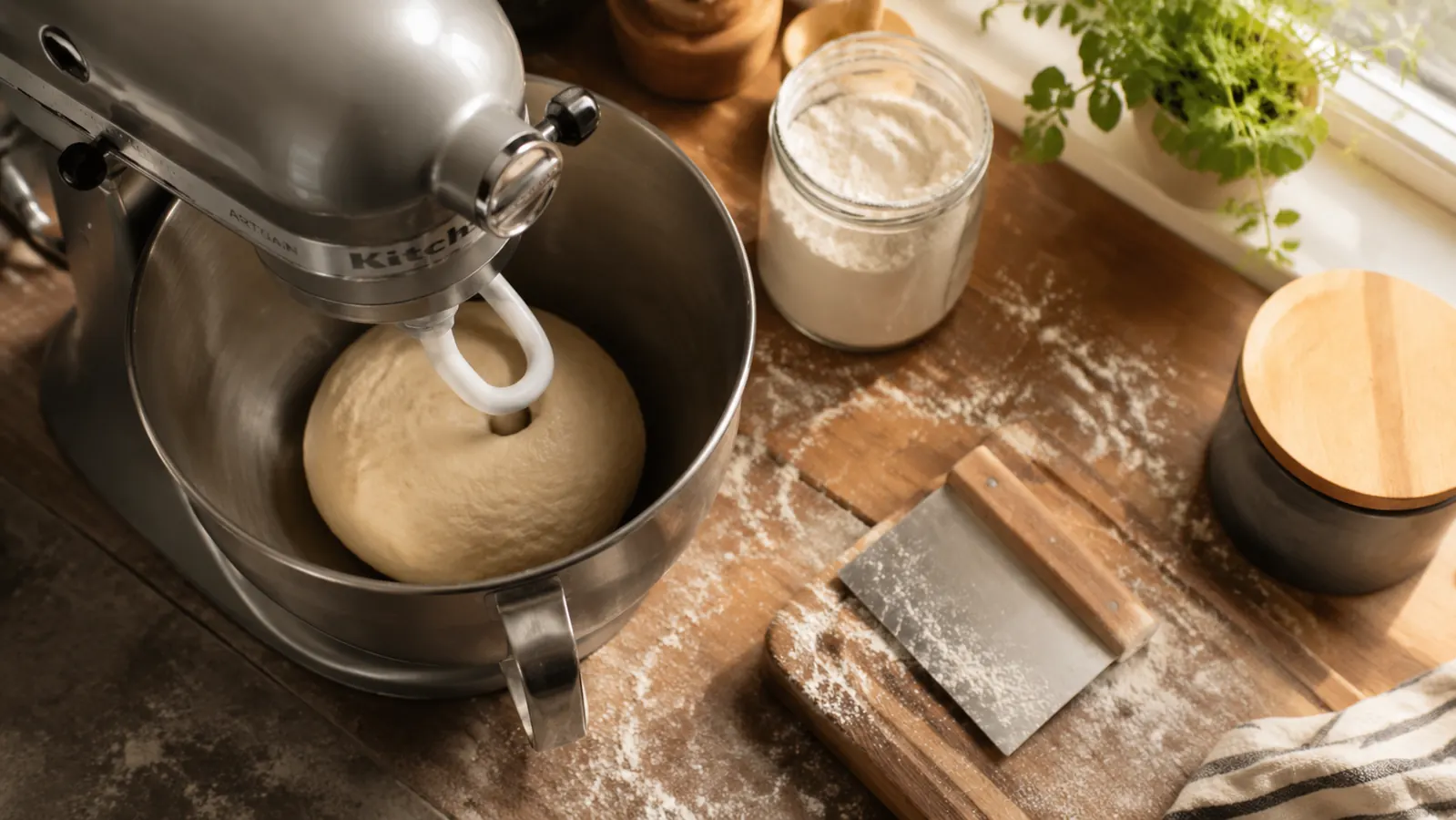 KitchenAid Artisan stand mixer with dough hook and risen bread dough in bowl on a floured wood countertop