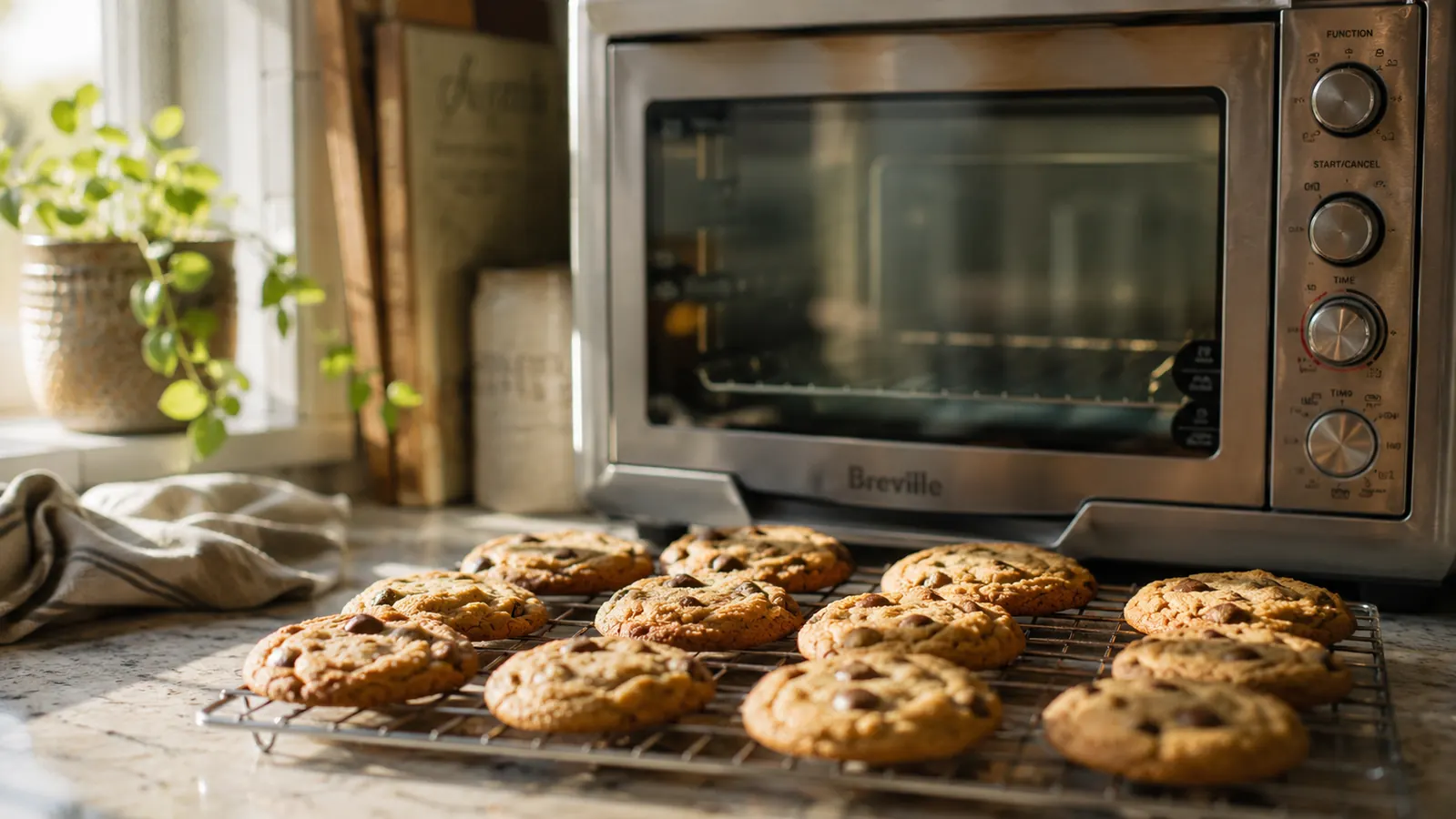 Breville Smart Oven Pro on a kitchen counter with a sheet of freshly baked chocolate chip cookies resting on a wire rack beside it
