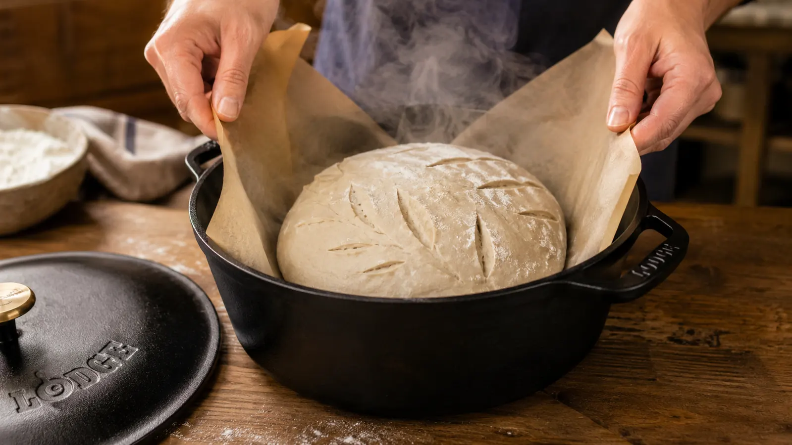 Hands lowering a scored sourdough dough ball into a preheated Lodge cast iron Double Dutch Oven using parchment paper