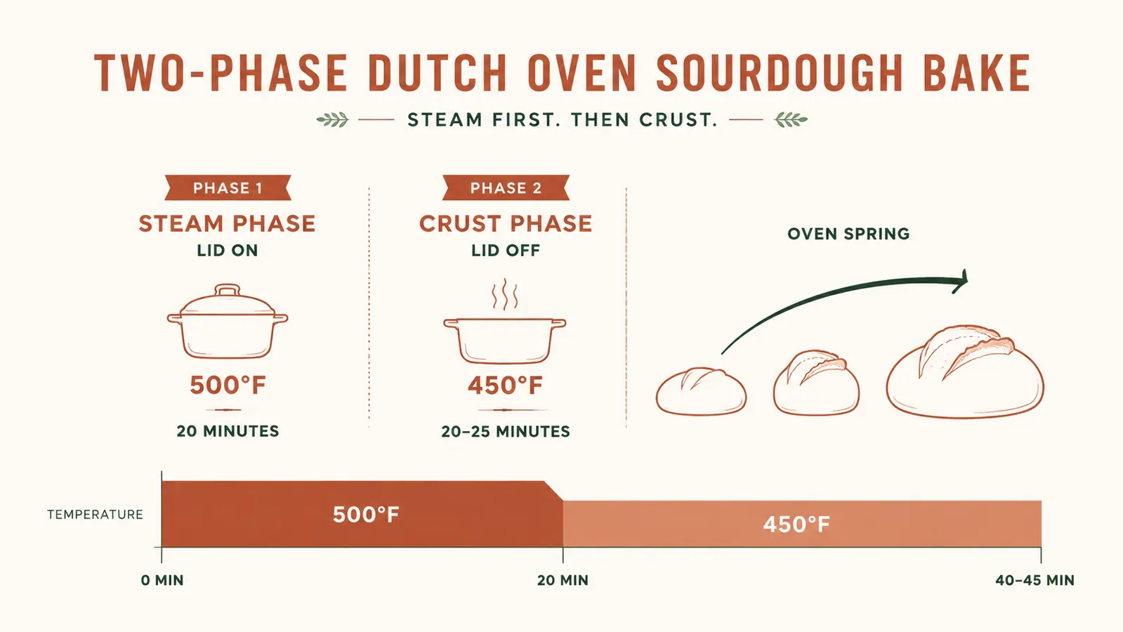 Diagram showing the lid-on and lid-off baking timeline for sourdough in a Dutch oven, with temperature and time markers