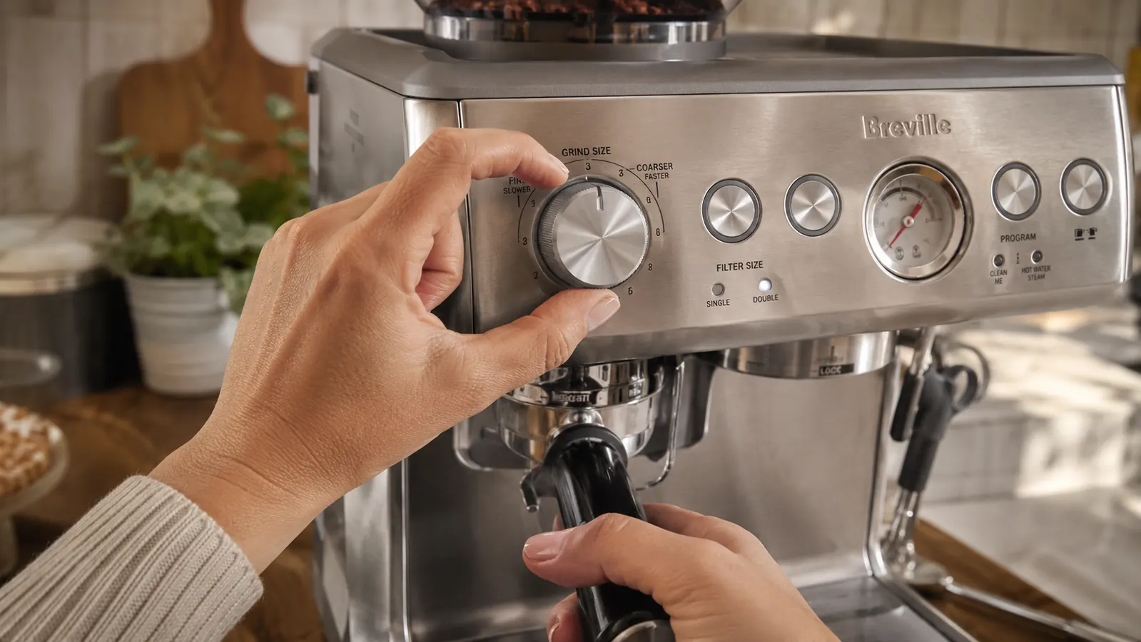 Hand adjusting the grind size dial on the Breville Barista Express