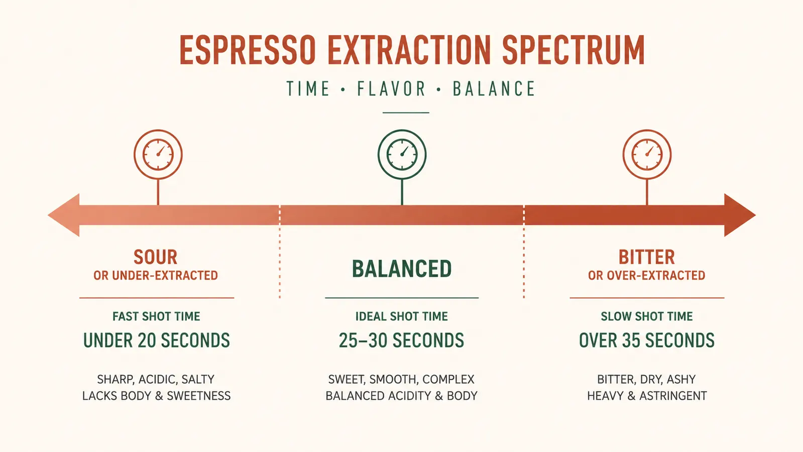 Chart showing espresso extraction time versus grind size and taste outcome, from sour to balanced to bitter