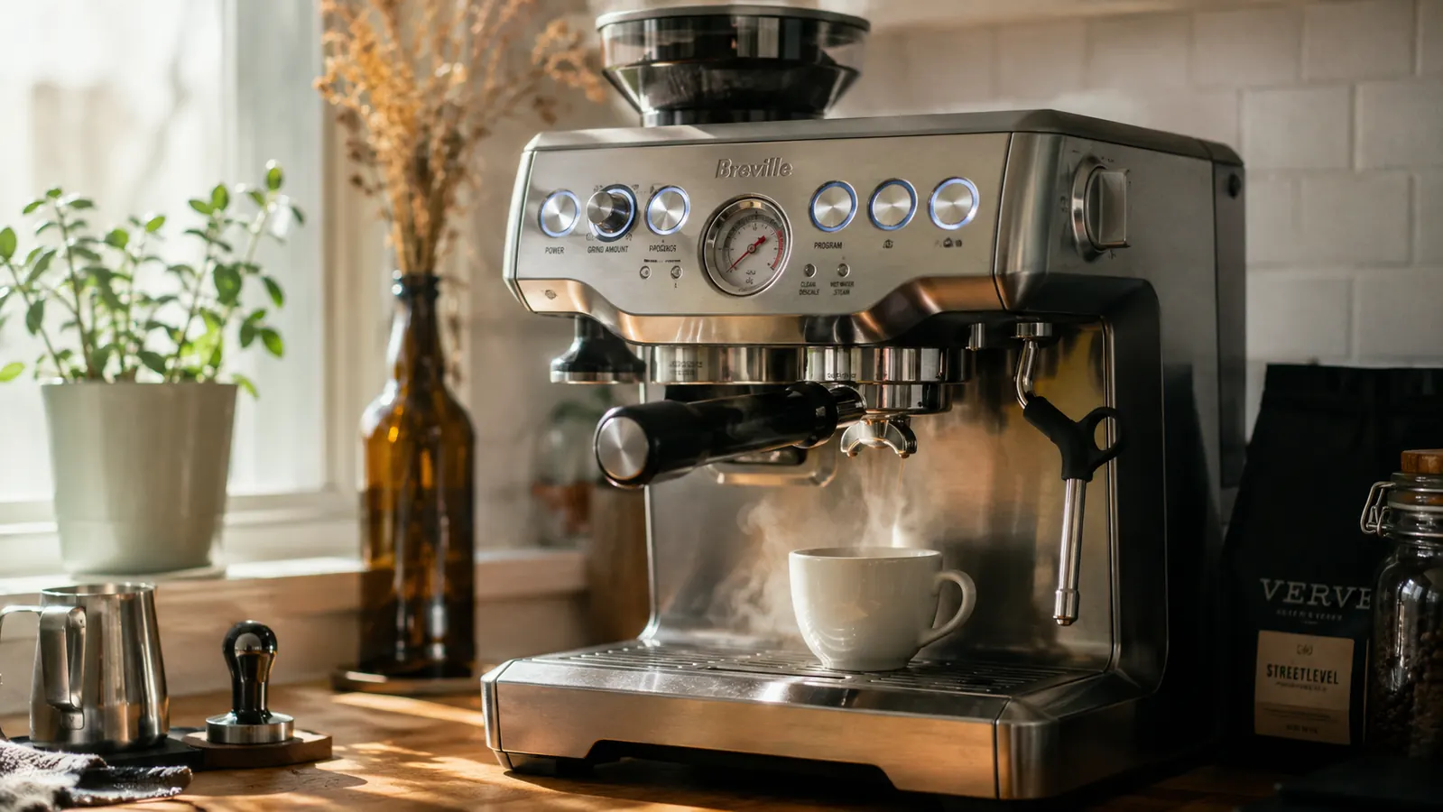 Breville Barista Express on a kitchen counter with a freshly pulled double shot in a white ceramic cup